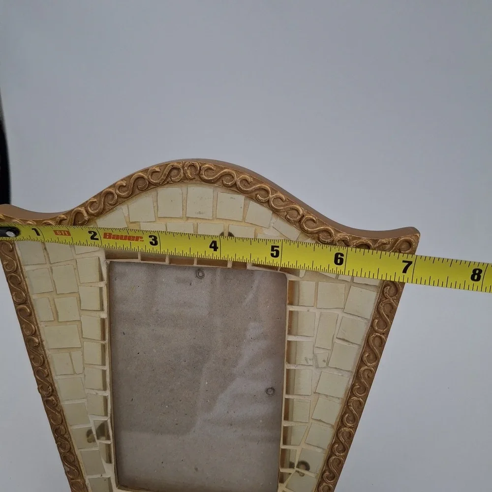Vtg ANNA Gold Scroll Mosaic Frame Translucent Glass/Shell Tiles Shield Shape